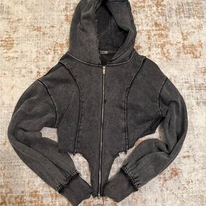 Maniere De Voir - Washed Black Cropped Hoodie Jacket